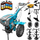 Motocultor DKD 1010D NEW motor 16 CP benzina 2+1 viteze latime lucru 80-110 cm freze roti cauciuc 5.00x12" capota cu far LED roti metal plug arat rarita reglabila plug cartofi cultivator plug reversibil remorca 5l ulei