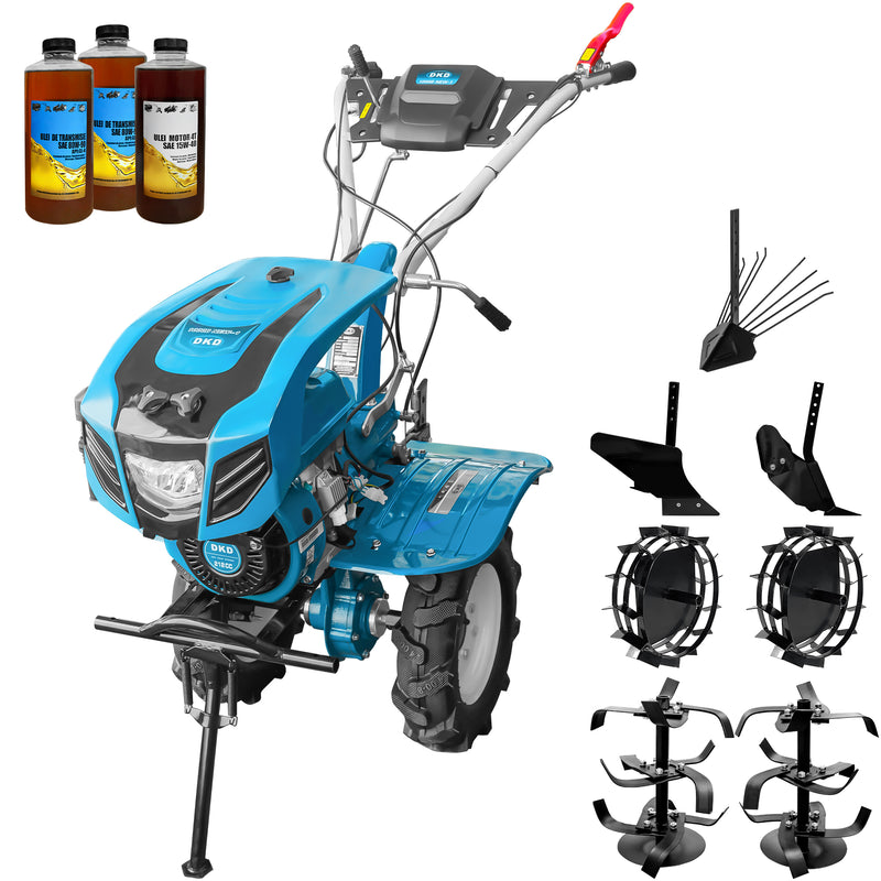 Motocultor DKD 1000B NEW-1 motor 7 CP latime lucru 90 cm freze roti cauciuc 4.00-8 capota cu far roti metal plug arat rarita reglabila plug cartofi 3l ulei