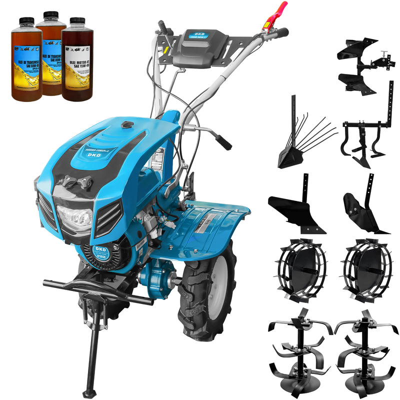 Motocultor DKD 1000B NEW-1 motor 7 CP latime lucru 90 cm freze roti cauciuc 4.00-8 capota cu far roti metal plug arat rarita reglabila plug cartofi cultivator plug reversibil 3l ulei