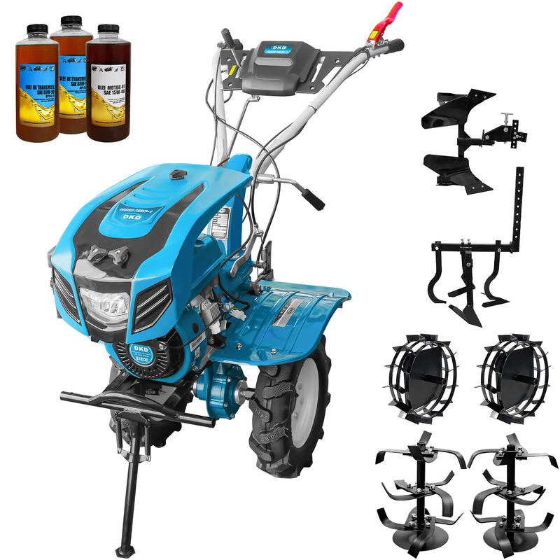 Motocultor DKD 1000B NEW-1 motor 7 CP latime lucru 90 cm freze roti cauciuc 4.00-8 capota cu far roti metal cultivator plug reversibil 3l ulei