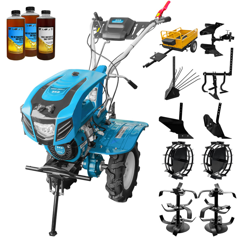 Motocultor DKD 1000B NEW-1 motor 7 CP latime lucru 90 cm freze roti cauciuc 4.00-8 capota cu far roti metal plug arat rarita reglabila plug cartofi cultivator plug reversibil remorca 3l ulei
