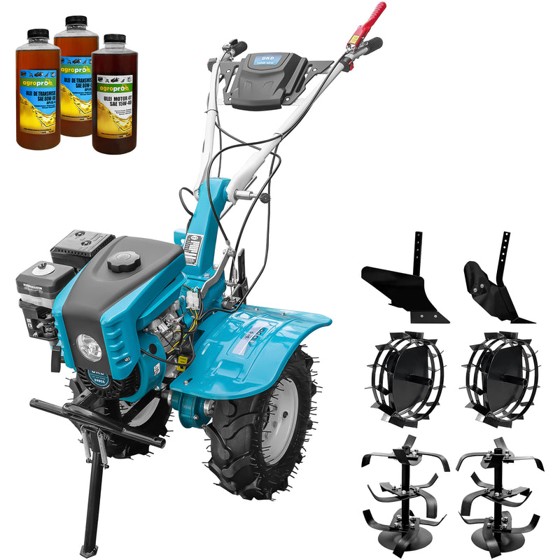 Motocultor DKD 1000B NEW motor 8 CP benzina 2+1 viteze latime lucru 105 cm freze roti cauciuc 5.00-8" capota cu far ghidon reglabil inaltime roti metal plug arat rarita reglabila 3l ulei