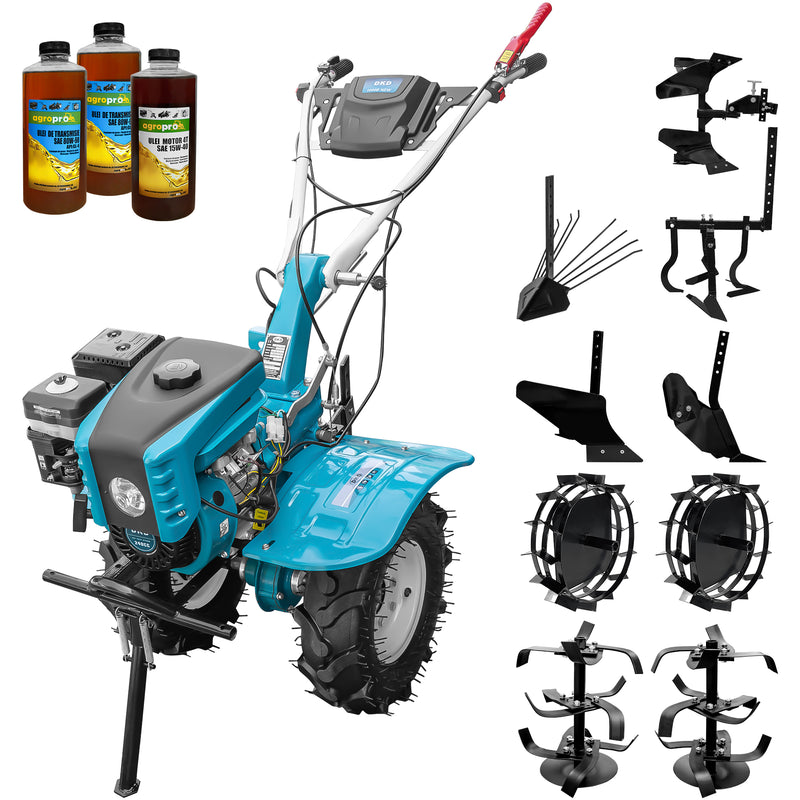 Motocultor DKD 1000B NEW motor 8 CP benzina 2+1 viteze latime lucru 105 cm freze roti cauciuc 5.00-8" capota cu far ghidon reglabil inaltime roti metal plug arat rarita reglabila plug cartofi cultivator plug reversibil 3l ulei