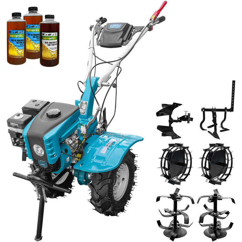 Motocultor DKD 1000B NEW motor 8 CP benzina 2+1 viteze latime lucru 105 cm freze roti cauciuc 5.00-8" capota cu far ghidon reglabil inaltime roti metal cultivator plug reversibil 3l ulei
