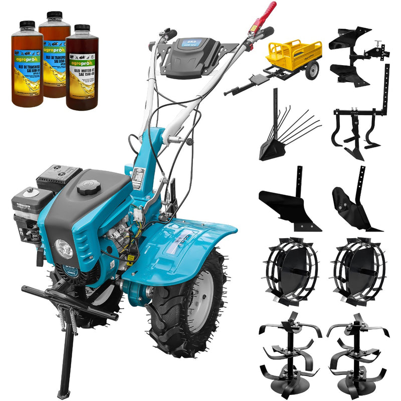 Motocultor DKD 1000B NEW motor 8 CP benzina 2+1 viteze latime lucru 105 cm freze roti cauciuc 5.00-8" capota cu far ghidon reglabil inaltime roti metal plug arat rarita reglabila plug cartofi cultivator plug reversibil remorca 3l ulei