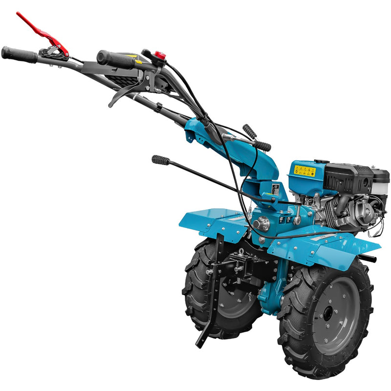 Motocultor DKD 1010D motor 16 CP benzina 2+1 viteze latime lucru 80-110 cm freze roti cauciuc 5.00x12" roti metal cultivator plug reversibil 5l ulei