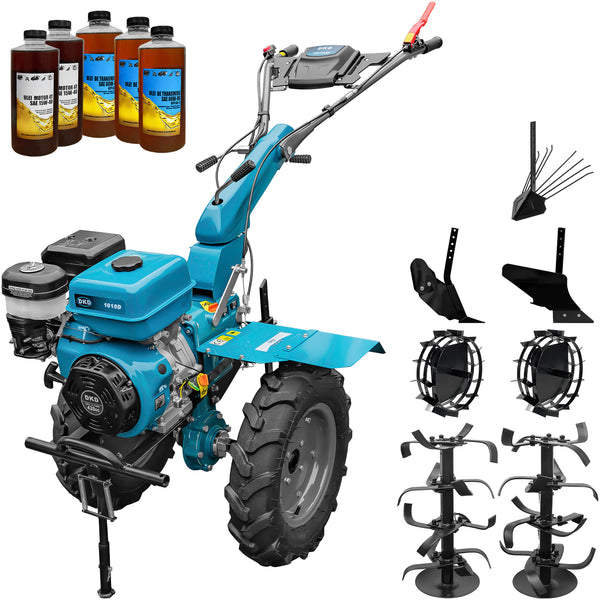 Motocultor DKD 1010D motor 16 CP benzina 2+1 viteze latime lucru 80-110 cm freze roti cauciuc 5.00x12" roti metal plug arat rarita reglabila plug cartofi 5l ulei