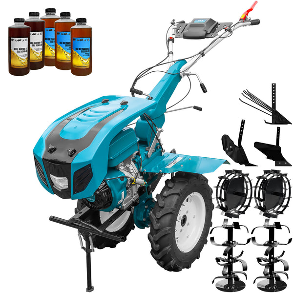 Motocultor profesional DKD HS 1100D motor 16 CP latime lucru 90-120 cm capota cu far freze roti cauciuc roti metal plug arat rarita reglabila plug cartofi 5l ulei