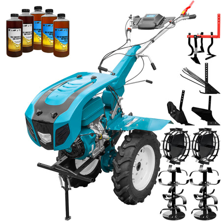 Motocultor profesional DKD HS 1100D motor 16 CP latime lucru 90-120 cm capota cu far freze roti cauciuc roti metal plug arat rarita reglabila plug cartofi cultivator 5l ulei
