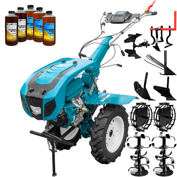 Motocultor profesional DKD HS 1100D motor 16 CP latime lucru 90-120 cm capota cu far freze roti cauciuc roti metal plug arat rarita reglabila plug cartofi cultivator plug reversibil 5l ulei