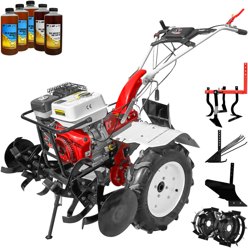 Motocultor Media Line 9500/5 CF motor 10 CP latime lucru 90 cm freze roti cauciuc 500x12 rarita fixa roti metal plug arat plug cartofi cultivator 5l ulei
