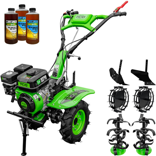 Motocultor RDB MQ170GS motor 7 CP benzina 2+1 viteze latime lucru 105 cm freze segmentabile roti cauciuc 4.00x8" roti metal plug arat rarita reglabila 3l ulei