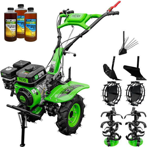 Motocultor RDB MQ170GS motor 7 CP benzina 2+1 viteze latime lucru 105 cm freze segmentabile roti cauciuc 4.00x8" roti metal plug arat rarita reglabila plug cartofi 3l ulei