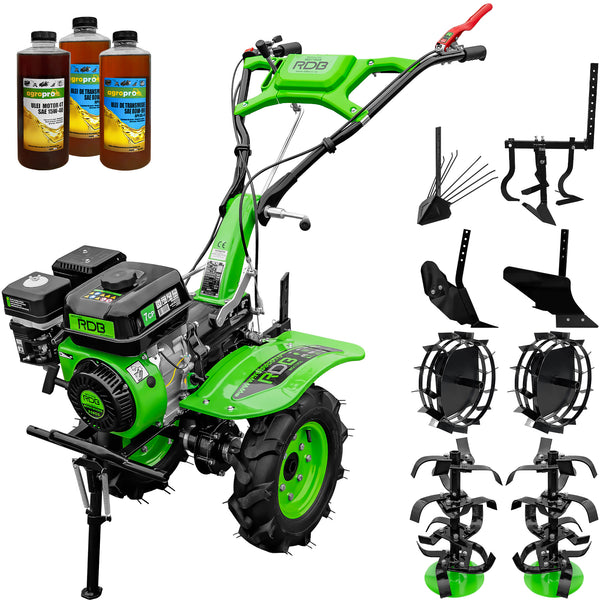 Motocultor RDB MQ170GS motor 7 CP benzina 2+1 viteze latime lucru 105 cm freze segmentabile roti cauciuc 4.00x8" roti metal plug arat rarita reglabila plug cartofi cultivator 3l ulei
