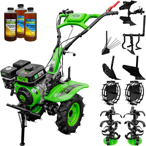 Motocultor RDB MQ170GS motor 7 CP benzina 2+1 viteze latime lucru 105 cm freze segmentabile roti cauciuc 4.00x8" roti metal plug arat rarita reglabila plug cartofi cultivator plug reversibil 3l ulei