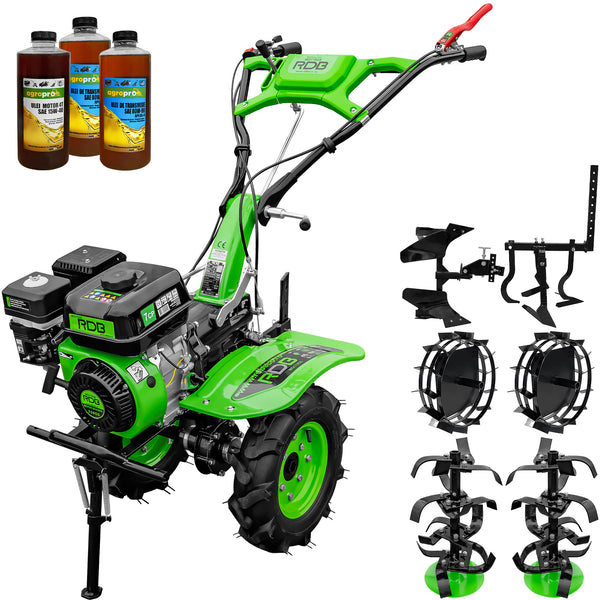 Motocultor RDB MQ170GS motor 7 CP benzina 2+1 viteze latime lucru 105 cm freze segmentabile roti cauciuc 4.00x8" roti metal cultivator plug reversibil 3l ulei