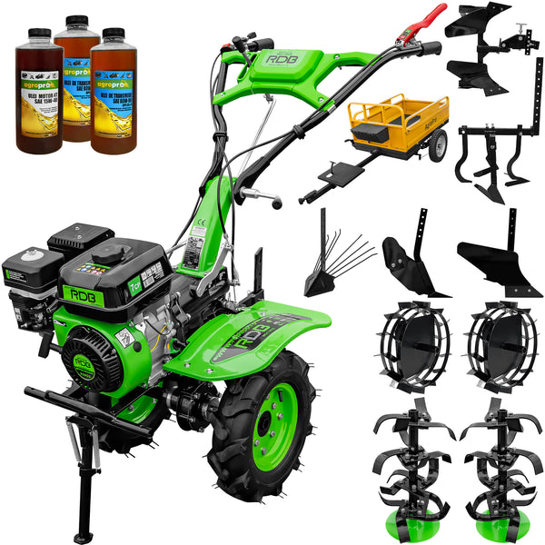 Motocultor RDB MQ170GS motor 7 CP benzina 2+1 viteze latime lucru 105 cm freze segmentabile roti cauciuc 4.00x8" roti metal plug arat rarita reglabila plug cartofi cultivator plug reversibil remorca 3l ulei
