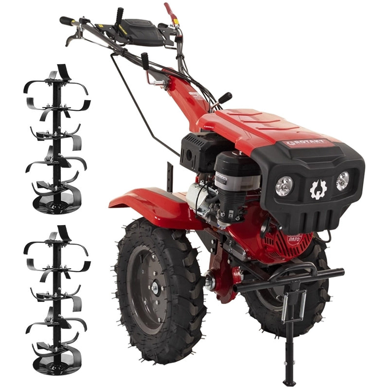 Motocultor Rotakt Partizan RO15R 2-PTO motor 15CP benzina 2+1 viteze latime lucru 56-135 cm freze roti cauciuc 5.00-12&quot; capota far led roti metal plug arat rarita reglabila plug cartofi cultivator plug reversibil remorca 5l ulei