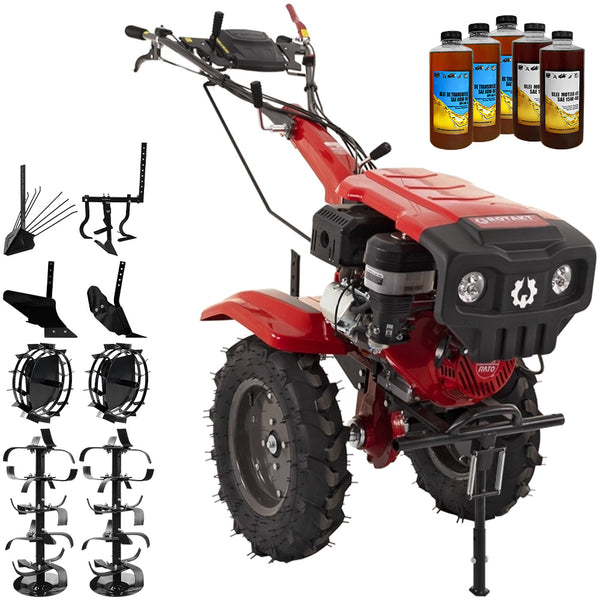 Motocultor Rotakt Partizan RO15R 2-PTO motor 15CP benzina 2+1 viteze latime lucru 56-135 cm freze roti cauciuc 5.00-12&quot; capota far led roti metal plug arat rarita reglabila plug cartofi cultivator 5l ulei