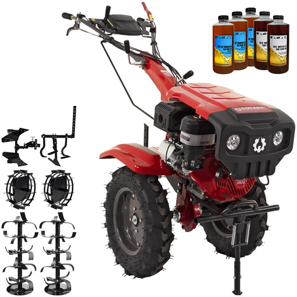 Motocultor Rotakt Partizan RO15R 2-PTO motor 15CP benzina 2+1 viteze latime lucru 56-135 cm freze roti cauciuc 5.00-12&quot; capota far led roti metal cultivator plug reversibil 5l ulei