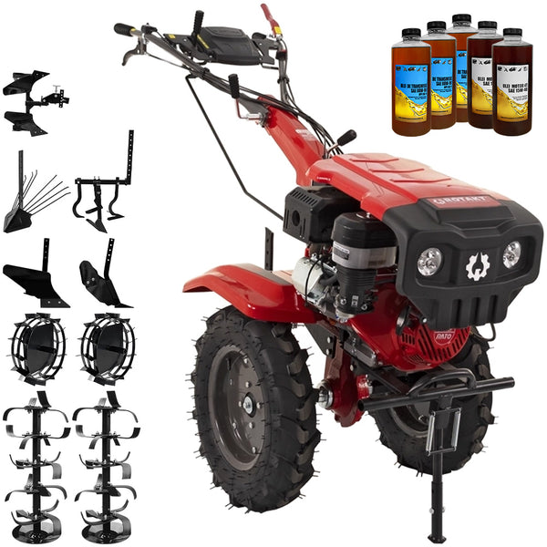 Motocultor Rotakt Partizan RO15R 2-PTO motor 15CP benzina 2+1 viteze latime lucru 56-135 cm freze roti cauciuc 5.00-12&quot; capota far led roti metal plug arat rarita reglabila plug cartofi cultivator plug reversibil 5l ulei