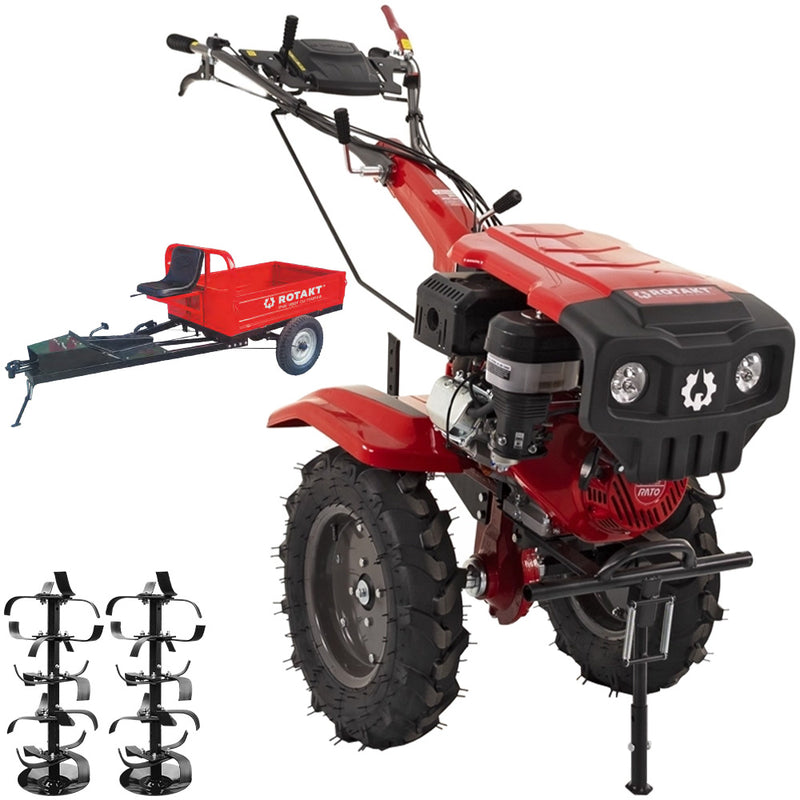 Motocultor Rotakt Partizan RO15R 2-PTO motor 15CP benzina 2+1 viteze latime lucru 56-135 cm freze roti cauciuc 5.00-12&quot; capota far led + Remorca Rotakt Transporter REM600 4x4 capacitate incarcare 600 kg