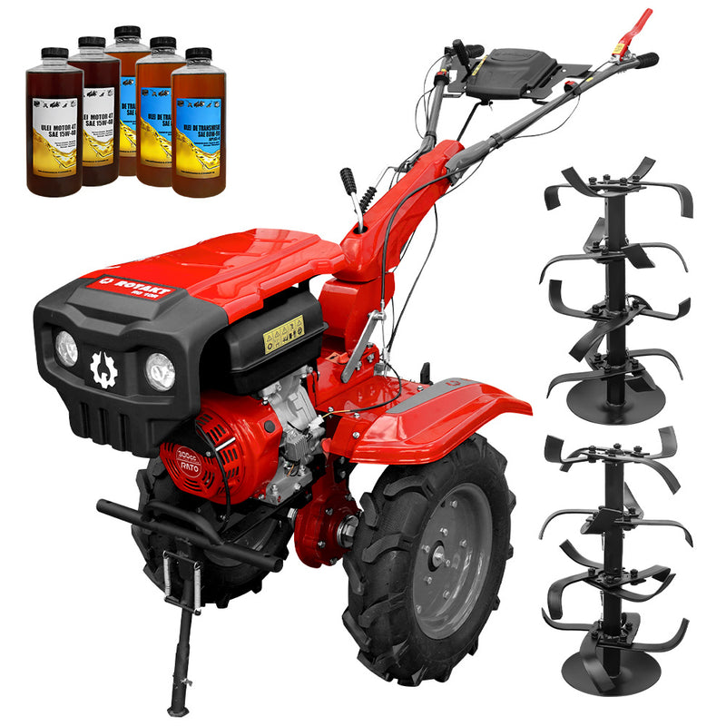 Motocultor Rotakt Atlas RO10R-2P motor 10CP 301 cmc benzina 2+1 viteze latime lucru 56-110 cm freze roti cauciuc 5.00-12" 2 prize de putere 5l ulei