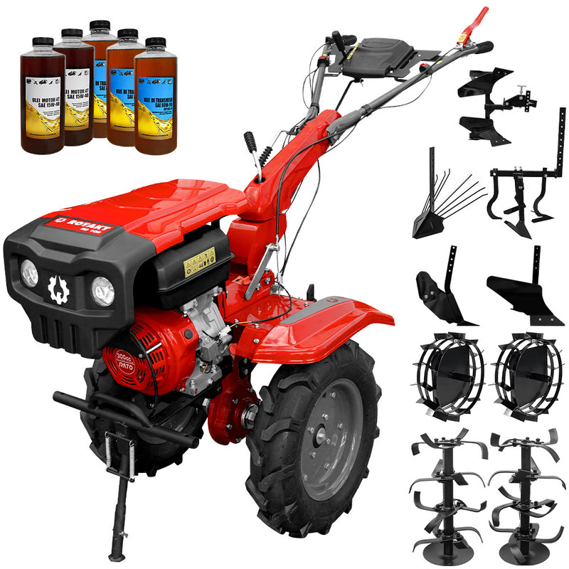 Motocultor Rotakt Atlas RO10R-2P motor 10CP 301 cmc benzina 2+1 viteze latime lucru 56-110 cm freze roti cauciuc 5.00-12" 2 prize de putere roti metal plug arat rarita reglabila plug cartofi cultivator plug reversibil 5l ulei
