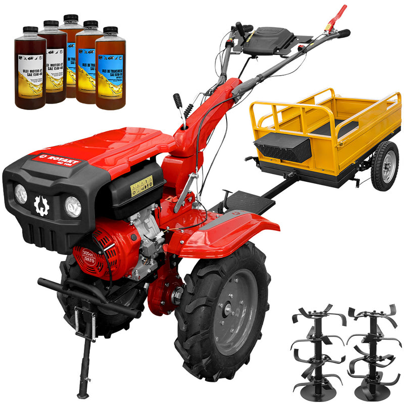 Motocultor Rotakt Atlas RO10R-2P motor 10CP 301 cmc benzina 2+1 viteze latime lucru 56-110 cm freze roti cauciuc 5.00-12" 2 prize de putere remorca 5l ulei