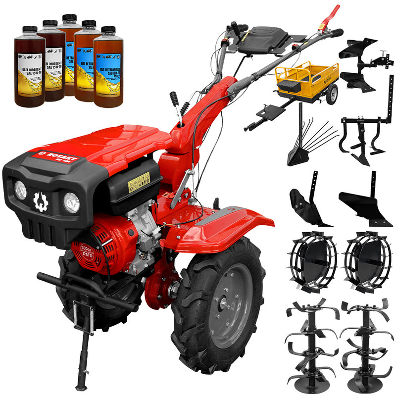Motocultor Rotakt Atlas RO10R-2P motor 10CP 301 cmc benzina 2+1 viteze latime lucru 56-110 cm freze roti cauciuc 5.00-12" 2 prize de putere roti metal plug arat rarita reglabila plug cartofi cultivator plug reversibil remorca 5l ulei