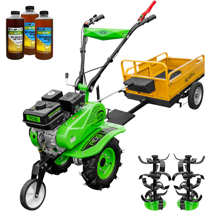 Motosapa RDB MQ168B motor 7 CP benzina 2+1 viteze latime lucru 105 cm freze segmentabile roti cauciuc 4.00x8" remorca 3l ulei