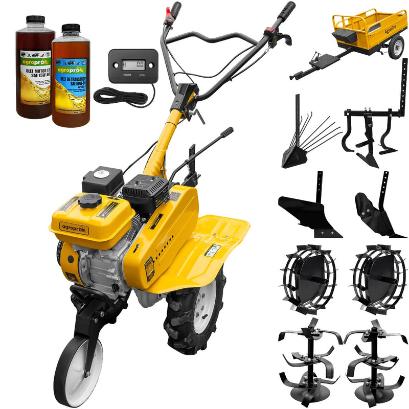 Motosapa AgroPro HS 500 motor 7 CP 2+1 viteze latime lucru 90 cm freze roti cauciuc 4.00x8 roata frontala tahometru roti metal plug arat rarita reglabila plug cartofi cultivator remorca 2l ulei