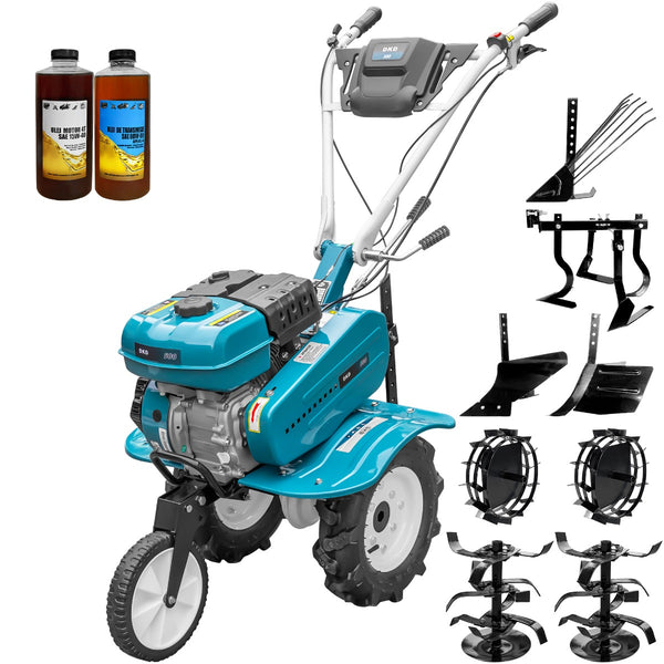 Motosapa DKD HS 500 NEW motor 7CP latime lucru 80 cm 2+1 viteze freze roti cauciuc 4.00x8 roata frontala roti metal plug arat rarita reglabila plug cartofi cultivator 2l ulei