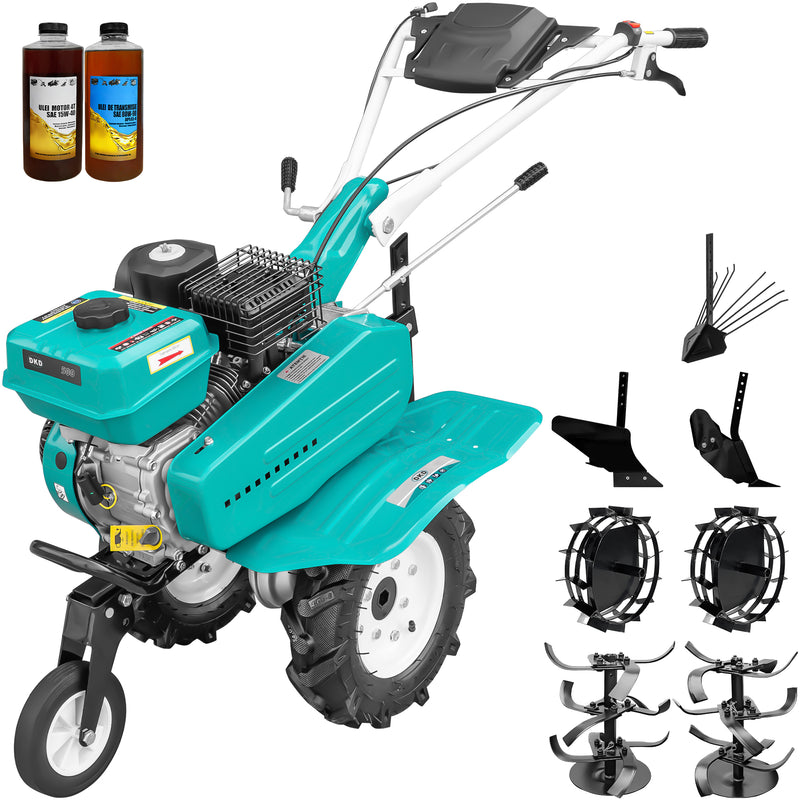 Motosapa DKD 500 motor 7 CP benzina 2+1 viteze freze 56-84 cm freze roti cauciuc 4.00x8" roata frontala roti metal plug arat rarita reglabila plug cartofi 2l ulei