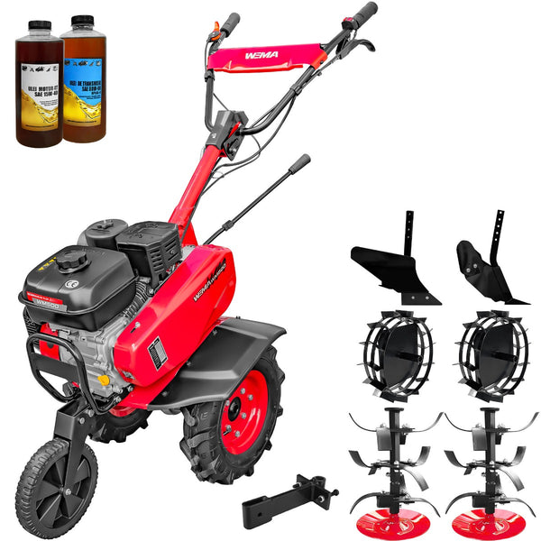 Motosapa Weima WM 500  motor 7 CP benzina 2+1 viteze latime lucru 90 cm freze roti cauciuc 400x8" roti metal plug arat rarita reglabila cupla accesorii 2l ulei
