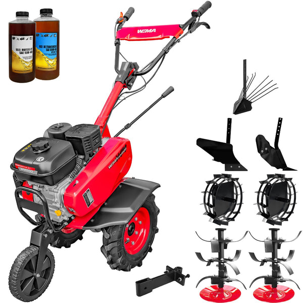 Motosapa Weima WM 500  motor 7 CP benzina 2+1 viteze latime lucru 90 cm freze roti cauciuc 400x8" roti metal plug arat rarita reglabila plug cartofi cupla accesorii 2l ulei