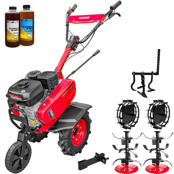Motosapa Weima WM 500  motor 7 CP benzina 2+1 viteze latime lucru 90 cm freze roti cauciuc 400x8" roti metal cultivator cupla accesorii 2l ulei