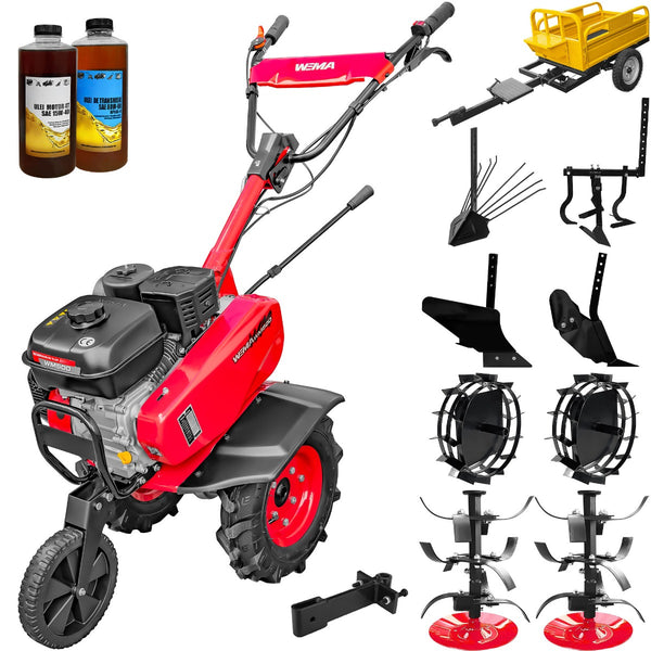Motosapa Weima WM 500  motor 7 CP benzina 2+1 viteze latime lucru 90 cm freze roti cauciuc 400x8" roti metal plug arat rarita reglabila plug cartofi cultivator remorca cupla accesorii 2l ulei