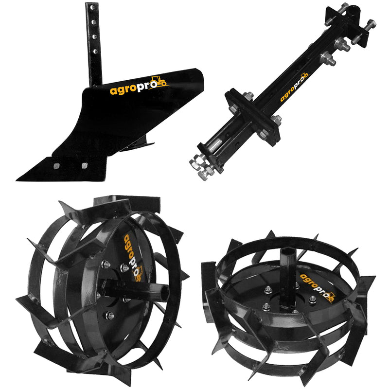 Pachet arat AgroPro suport pentru accesorii reglabil + plug arat simplu + roti metalice 35 cm manicot hexagon mic 23mm