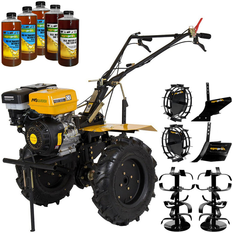 Motocultor ProGARDEN HS 1100D far motor 13 CP benzina latime lucru 120 cm freze roti cauciuc 6 X 12 roti metal rarita reglabila plug arat 5 uleiuri AgroPro