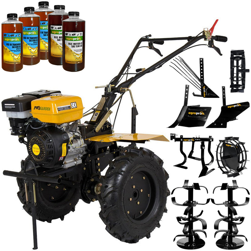 Motocultor ProGARDEN HS 1100D far motor 13 CP benzina latime lucru 120 cm freze roti cauciuc 6 X 12 roti metal rarita reglabila plug arat plug cartofi cultivator 5 uleiuri AgroPro
