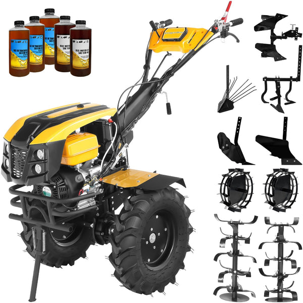 Motocultor ProGARDEN Campo 1873V2 Alpine motor 18 CP benzina Euro V 2+1 viteze latime lucru 135 cm roti 6.00-12 pornire electrica 2 prize putere roti metal plug arat rarita reglabila plug cartofi cultivator plug reversibil 5l ulei