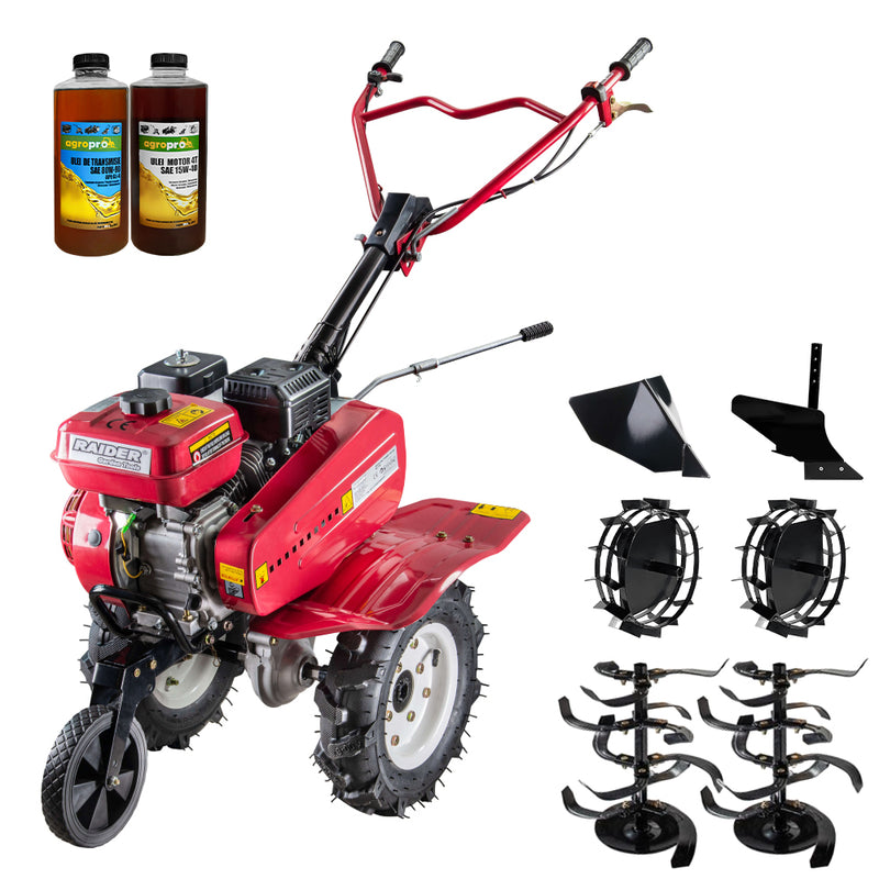 Motosapa Raider RD-T08 motor 7 CP benzina 2+1 viteze latime lucru 100 cm freze roti cauciuc 4.00x8" rarita fixa roti metal plug arat 2l ulei