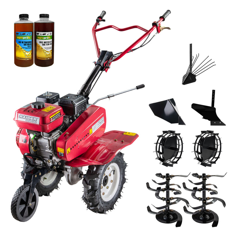Motosapa Raider RD-T08 motor 7 CP benzina 2+1 viteze latime lucru 100 cm freze roti cauciuc 4.00x8" rarita fixa roti metal plug arat plug cartofi 2l ulei