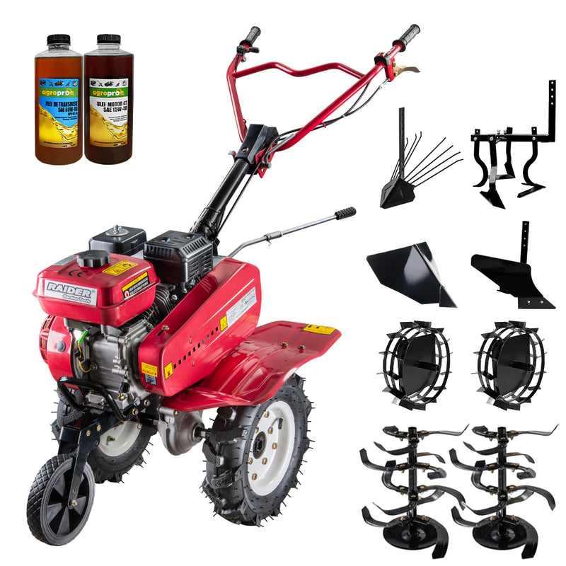 Motosapa Raider RD-T08 motor 7 CP benzina 2+1 viteze latime lucru 100 cm freze roti cauciuc 4.00x8" rarita fixa roti metal plug arat plug cartofi cultivator 2l ulei