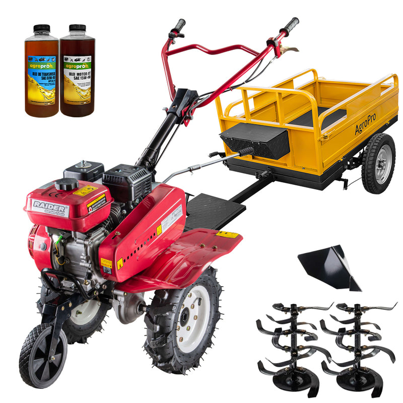 Motosapa Raider RD-T08 motor 7 CP benzina 2+1 viteze latime lucru 100 cm freze roti cauciuc 4.00x8" rarita fixa remorca 2l ulei