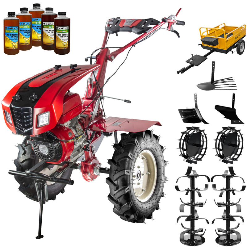Motocultor Raider RD-T10 motor 13 CP benzina 2+1 viteze latime lucru 140 cm freze roti cauciuc 5.00x12" capota faruri LED roti metal plug arat rarita reglabila plug cartofi remorca 5l ulei