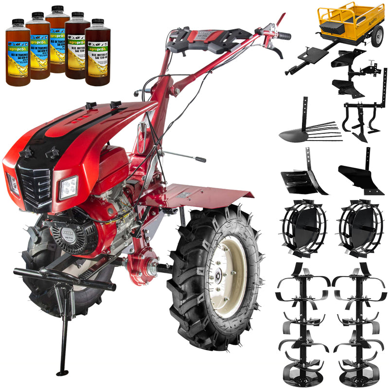 Motocultor Raider RD-T10 motor 13 CP benzina 2+1 viteze latime lucru 140 cm freze roti cauciuc 5.00x12" capota faruri LED roti metal plug arat rarita reglabila plug cartofi cultivator plug reversibil remorca 5l ulei