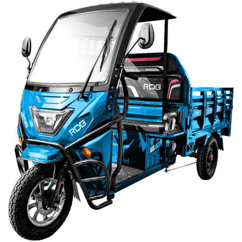 Tricicleta electrica RDB XM-KLASS semicabina fara permis 1500W 25 km/h 72V45Ah autonomie 70 km bena rabatabila culoare albastru