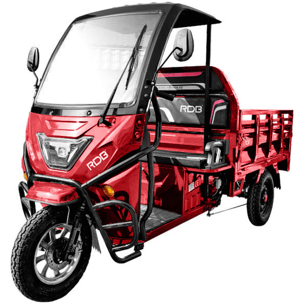 Tricicleta electrica RDB XM-KLASS semicabina fara permis 1500W 25 km/h 72V45Ah autonomie 70 km bena rabatabila culoare rosu